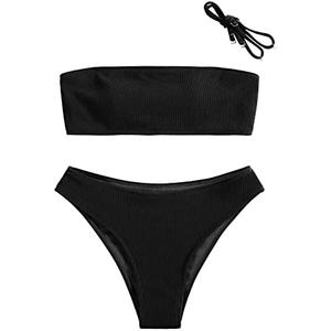 ZAFUL Women Strapless Ribbed High Cut Bandeau Bikini Lace Up 2 Pieces Swimwear S ZAFUL Women Strapless Ribbed High Cut Bandeau Bikini Lace Up 2 Pieces Swimwear S