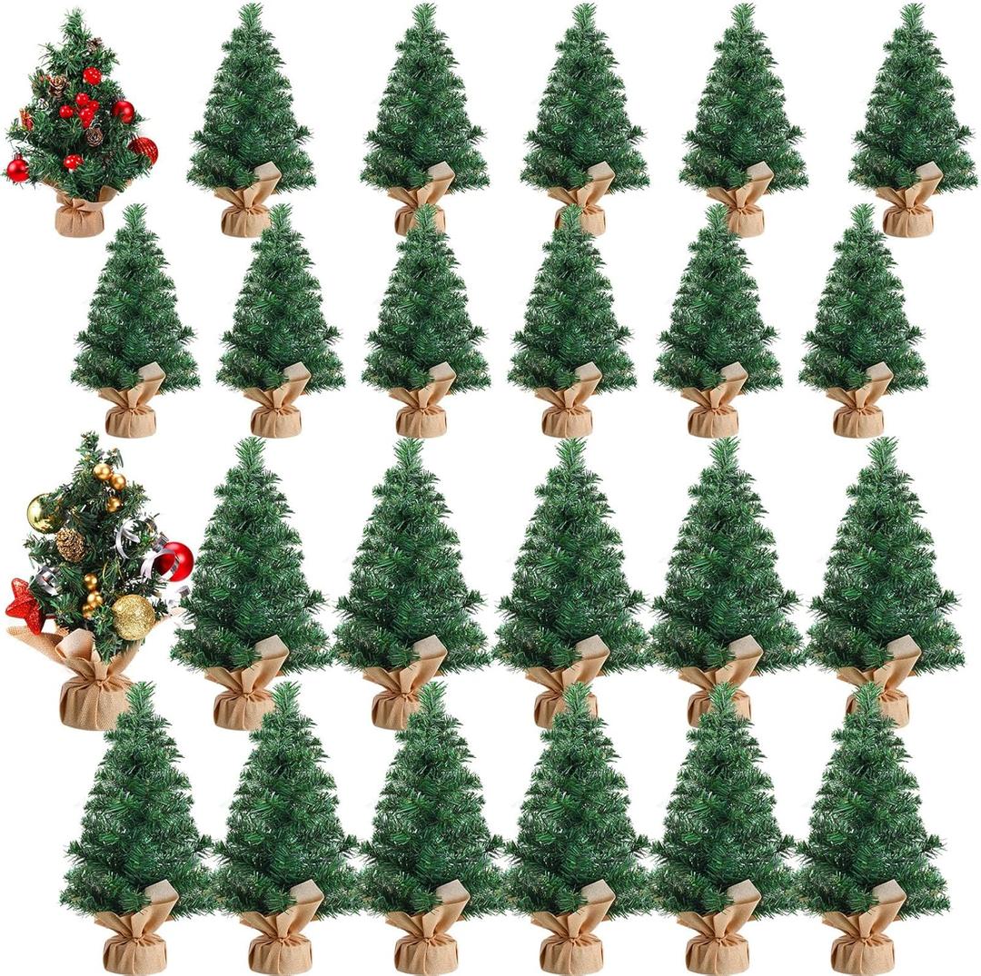 Libima 24 Pcs Tabletop Mini Christmas Tree 11. 8 Inch 7. 9 Inch Artificial Miniature Pine Small Fake Xmas Tree with Linen Base for Summer Christmas Village DIY Crafts Winter Mantel Decoration