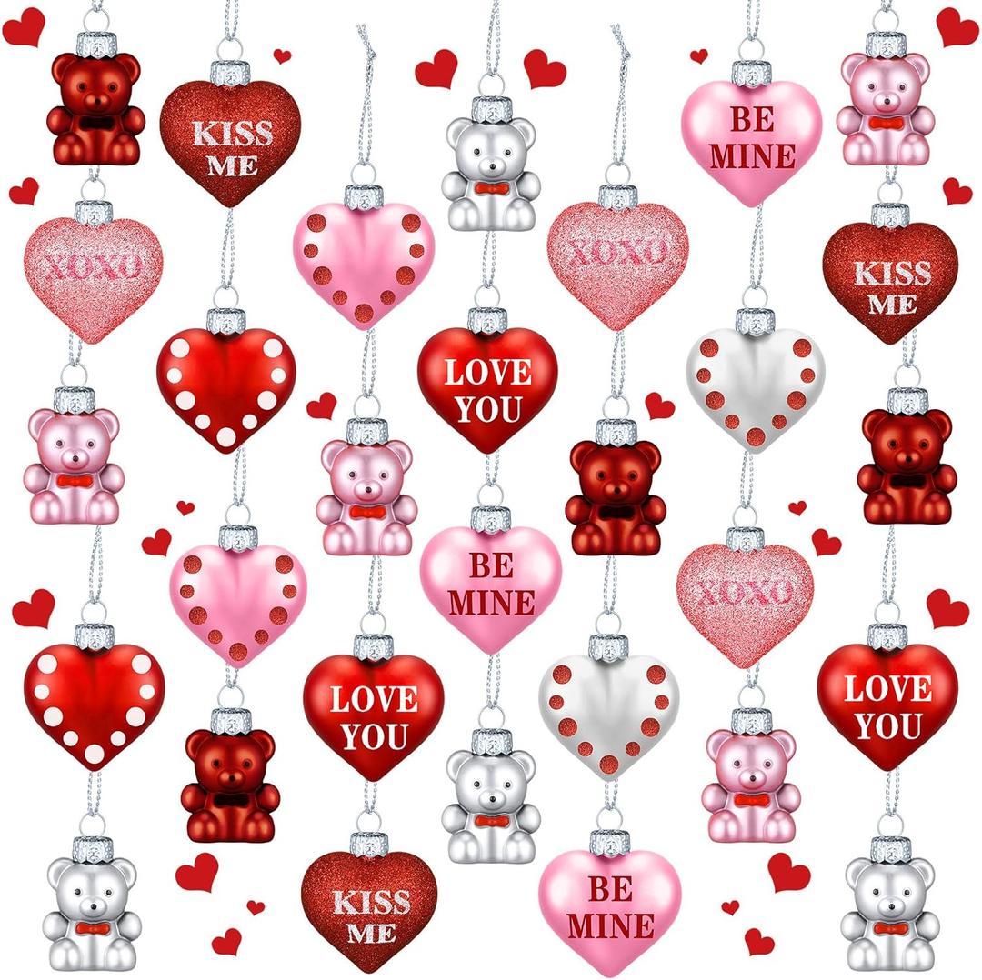 30 Pcs Valentine's Day Heart and Bear Ornaments Hanging Valentines Decorations Red Pink White Valentine Tree Decor Bear Shaped Decorative Heart Shaped Baubles for Home