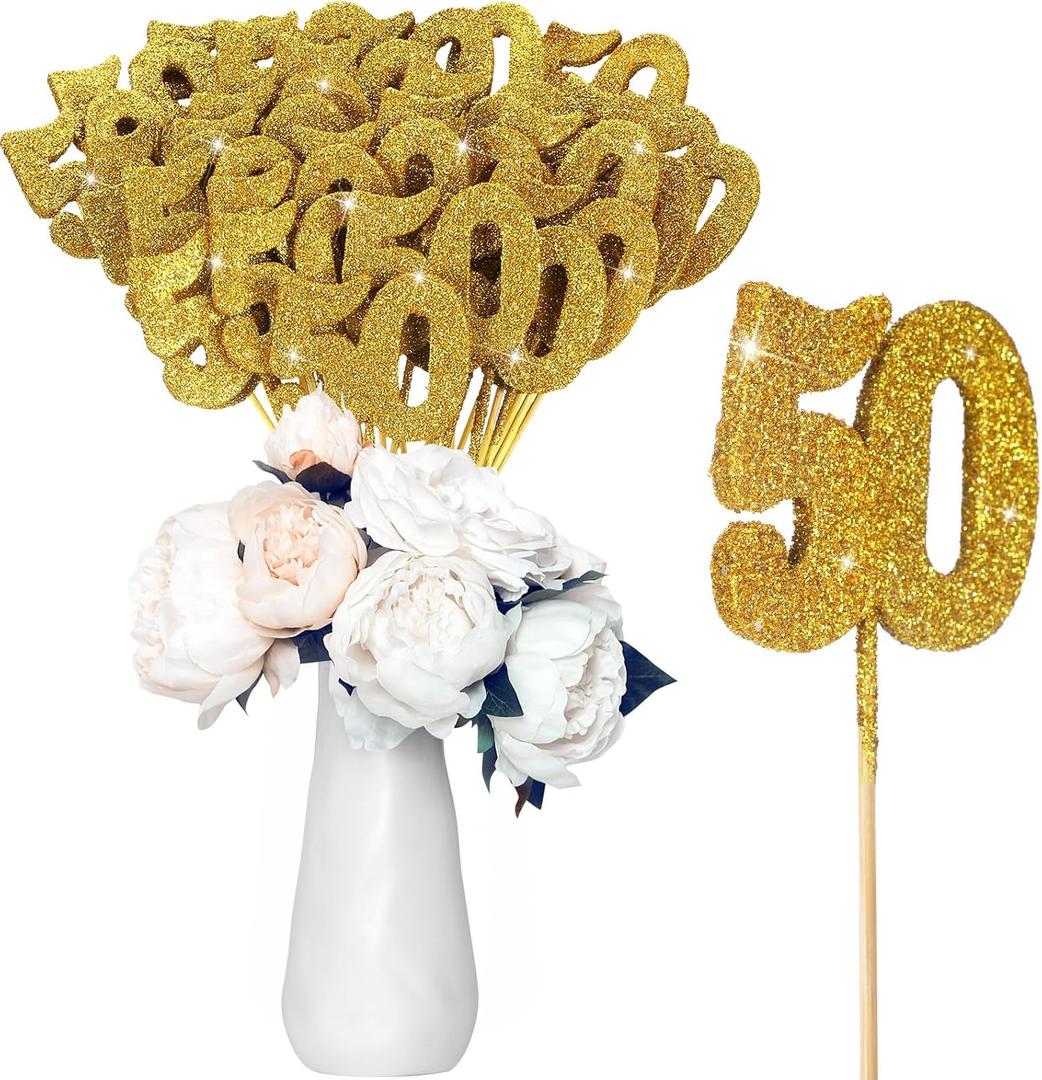Amyhill 60 Pcs Glitter Gold 50th Birthday Centerpiece Sticks Sparkly Twinkle Number 50 Birthday Table Toppers Decorations Gold 50th Class Reunion Decorations Anniversary Table Puffy