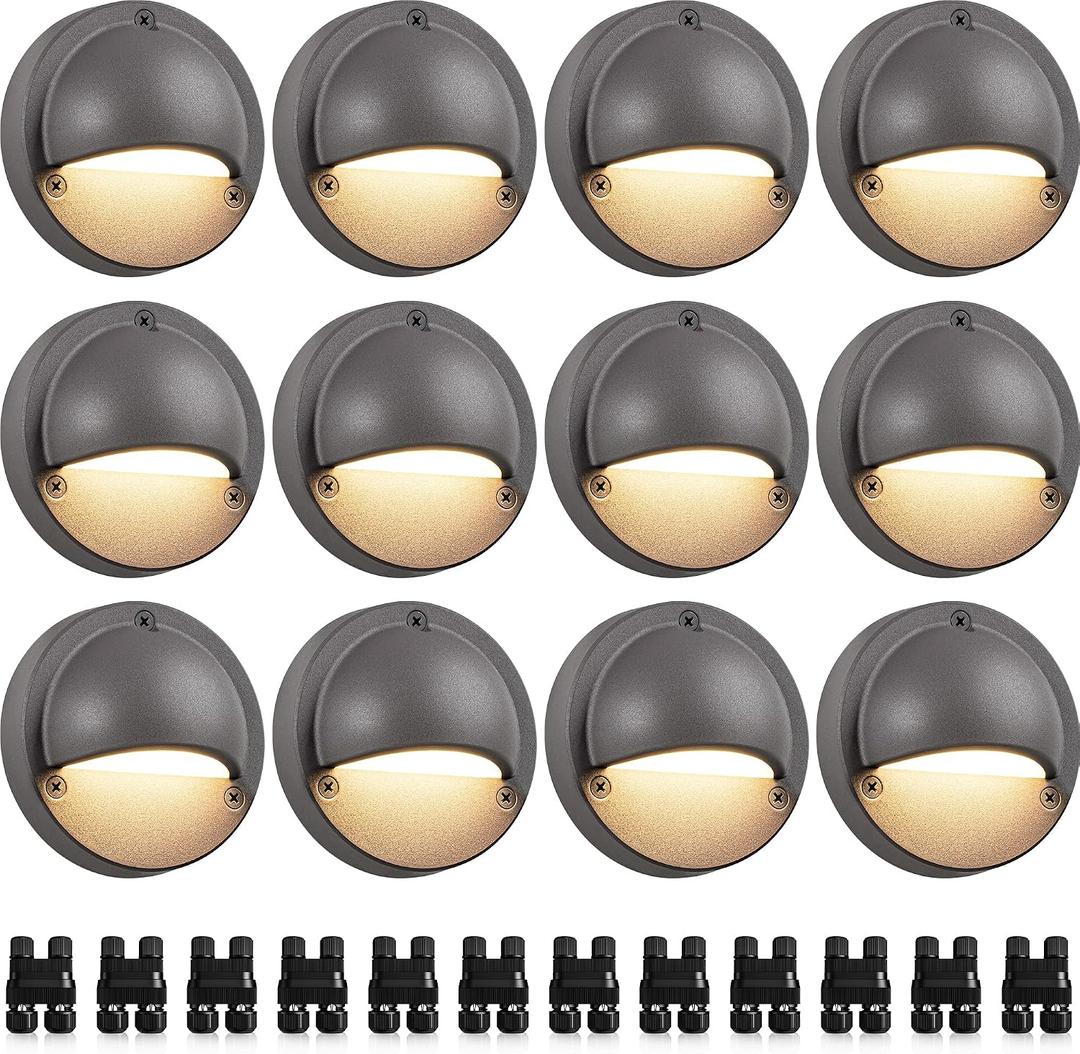 SUNVIE 12 Pack Low Voltage Deck Lights 5W LED Landscape Step Stair Lights Outdoor with Fastlock2 Wire Connector 3000K 12-24V Accent Lighting for Garden Post Fence 3.2FT ETL Listed Cord
