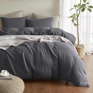 SE SOFTEXLY Muslin Duvet Cover Queen Size, 100% Washed Cotton Duvet Cover Set, Ultra Soft Comforter Cover Linen Like, 3 Pieces Minimalist Gauze Duvet Cover with 2 Pillowcases, 90"x90", Dark Grey