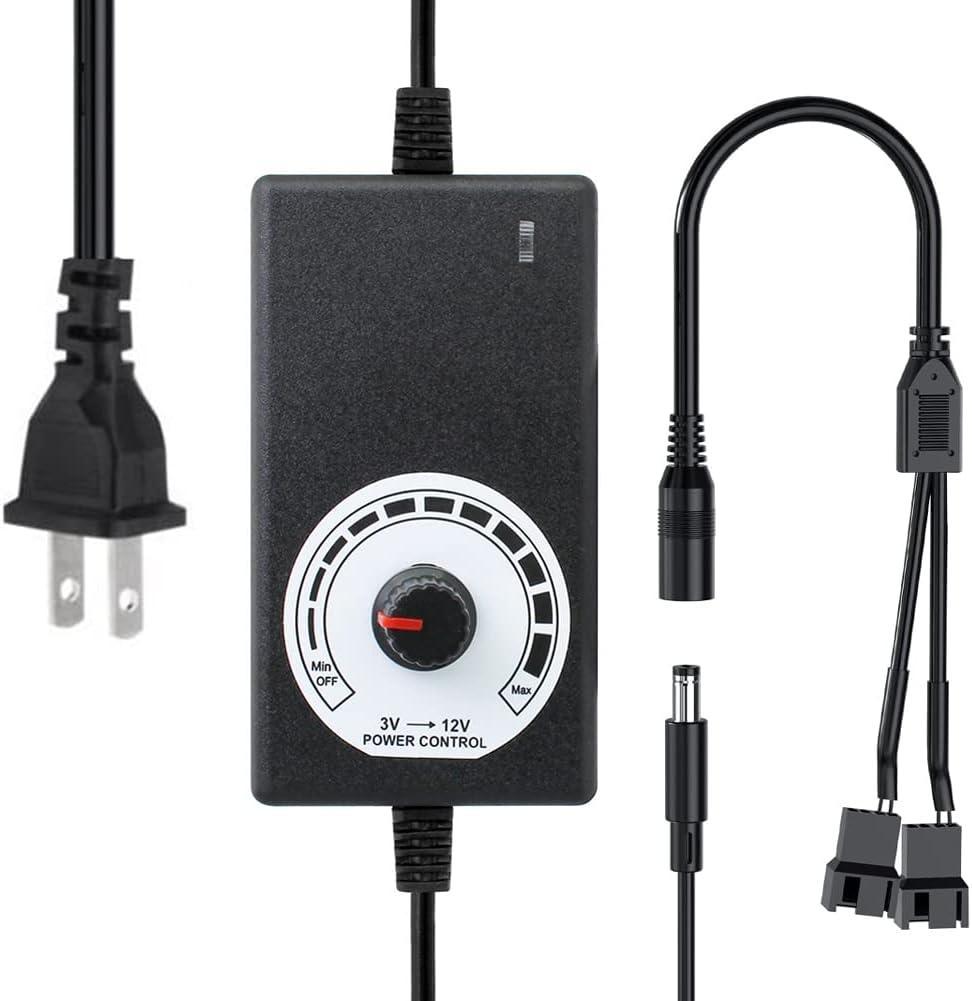 Delinx 12V Power Supply, PC Fan Speed Controller, 100-240vAC to 3-12vDC 24W Adjustable Adapter With Splitter Cable, DC Female to 2 x 3/4 Pin, Multi-Functional