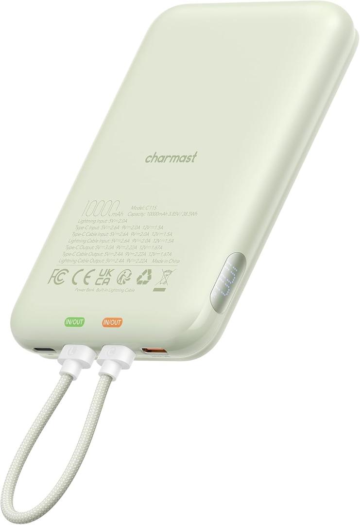 charmast 10000mAh Wired Portable Charger, 20W Fast Charging Slim Power Bank with Removable Cable for iPhone & Android, Hand-Free Battery Pack with Digital Display for Short Travel (No-Wireless), MGreen 