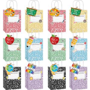 12 Sets Teacher Appreciation Gifts Bags Bulk Back to School Candy Treat Bag Composition Book Notebook Crayons Pencil Themed Favor Bags with Handles Tags for Classroom School Office Party Supplies