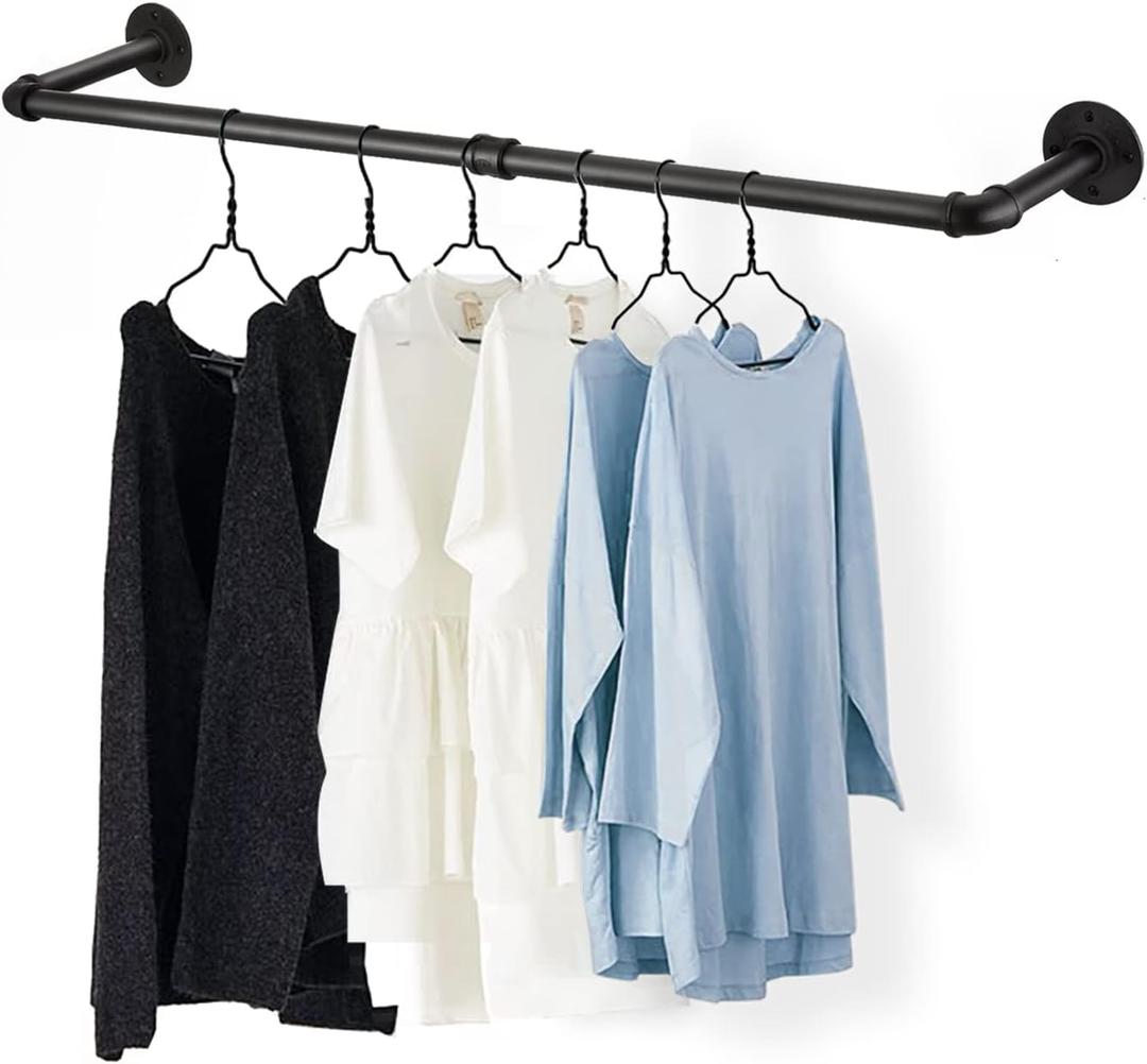 48 Wall Mounted Clothes Rack, Industrial Pipe Black Iron Garment Bar, Heavy-Duty Detachable Clothing Rod, Multi-Purpose Metal Wall display Hanging Pole for Closet Storage, Laundry Room 2 Base