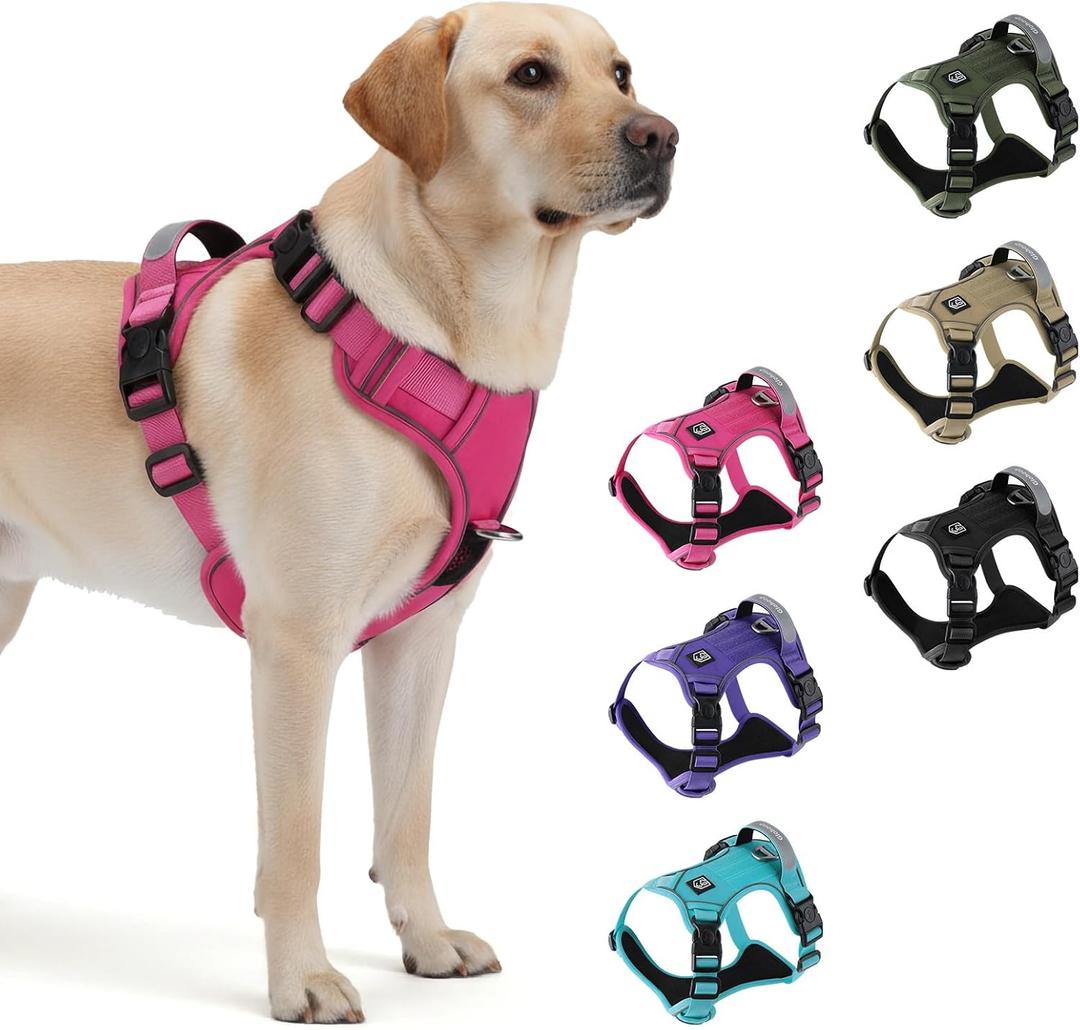 Heavy Duty Tactical Dog Harness for Medium Dogs, No Pull Dog Harness with Handle & Front Clip, Reflective Soft Padded, Hook and Loop Panel, Dog Vest for Walking, Service Training, Hotpink M