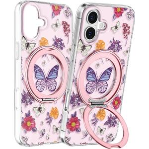 Loheckle for iPhone 17 Case with Stand- Compatible with MagSafe Women Girls Cute Girly AestheticDesign Soft TPU Magnetic Ring Phone Cover for Apple 17, Butterfly Flower