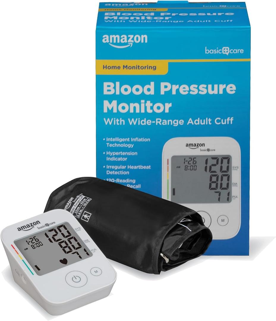 Amazon Basic Care Blood Pressure Monitor, Wide Range Arm Cuff, Intelligent Inflation Technology, Home Monitoring, Hypertension Indicator, Irregular Heartbeat Detection, Large (Previously Healthwise)