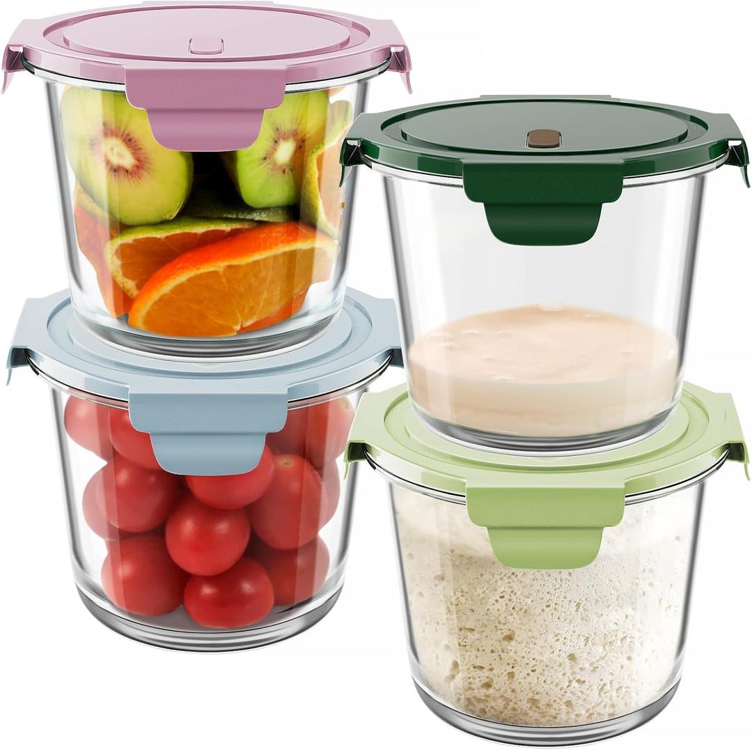 Freshmage 23oz Glass Meal Prep Containers with Lids, Airtight 3-Cup Glass Storage Containers Set, Heat-Resistant BPA-Free for Soup, Leftover, Microwave, Dishwasher, Fridge and Freezer Safe (4 Packs) (Multicolor+Dark Green)