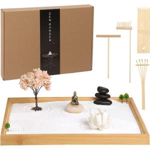 Mini Zen Garden for Desk 11x7.5in, Desktop Zen Garden Kit Sand Tray with Buddha, Japanese Gift Set for Home, Office, Room, Therapy Office Decor (Buddha)