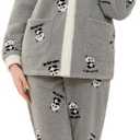 Womens Fuzzy Plush Pajama Set, Soft Warm Fleece Pajama for Women Cute Long Embroidered 2 Piece Sleepwears (X-Large, Panda-grey)