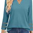 Womens 3/4 Length Sleeve Tops V Neck Lace Tunic Tops Dressy Casual Shirts Loose Fit 2025 Trendy Business Blouses (Blue, L)