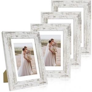 4x6 Picture Frame Set of 4, Made of Real Glass and Distressed White Wooden Frame, 4 by 6 Photo for Wall or Tabletop - Display Picture 3.5x5 with Mat or 4x6 Without Mat