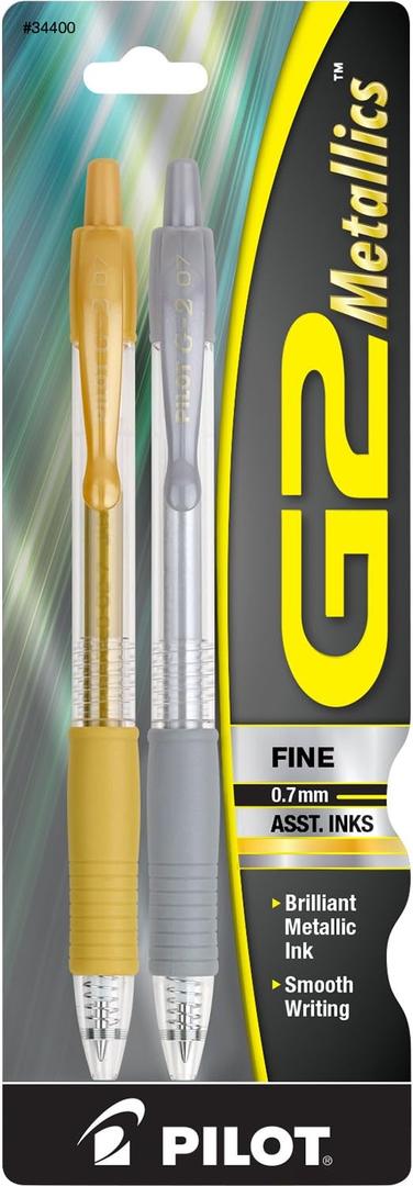 Pilot, G2 Metallics Gel Roller Pens, Fine Point 0.7 mm, Gold & Silver, Pack of 2