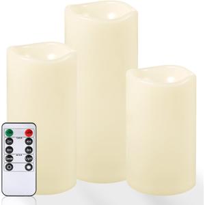 NURADA Large Outdoor Flameless Candles 6" 8" 10" x 5" - Waterproof LED Pillar Flickering Candle Battery Operated with Timer Remote for Patio Porch Lanterns - Ivory White Set of 3