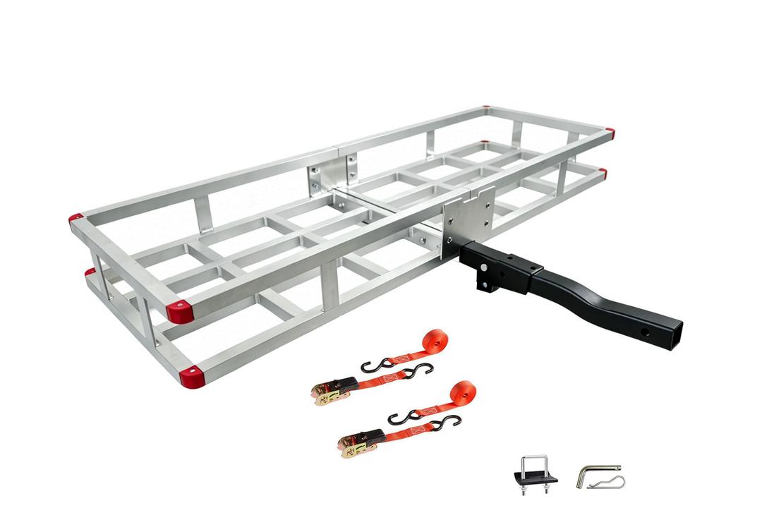 60 x 20 x7 Aluminum Cargo Carrier Hitch Mount | 500lb Heavy Duty Folding Luggage Rack - Powder Coated 2" Angled Shank for Ground Clearance - Rustproof Vehicle Cargo Basket for SUV & Truck Storage