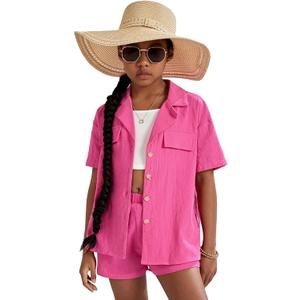 WDIRARA Girl's 3 Pieces Outfit Short Sleeve Button Front Shirt with Camisole and Shorts Set, 12 Years, Hot Pink