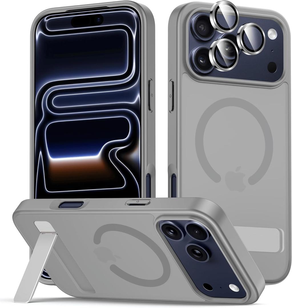 LEKEVO Stand for iPhone 17 Pro Max Magnetic Case, Compatible with MagSafe, Built-in Kickstand, Camera Lens Protector, Translucent Matte Slim Silicone Shockproof Hard Back Phone Cover, Gray