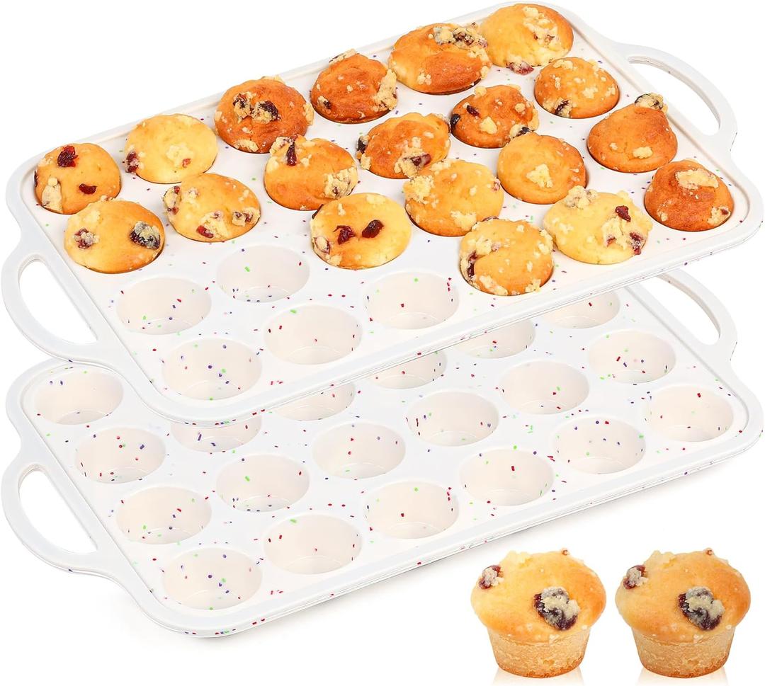 2 Pcs Mini Muffin Pans with Metal Reinforced Frame, 24 Cups Nonstick Silicone Cupcake Tray for Baking, Food Grade Small Muffin Molds with Handles (Cream)