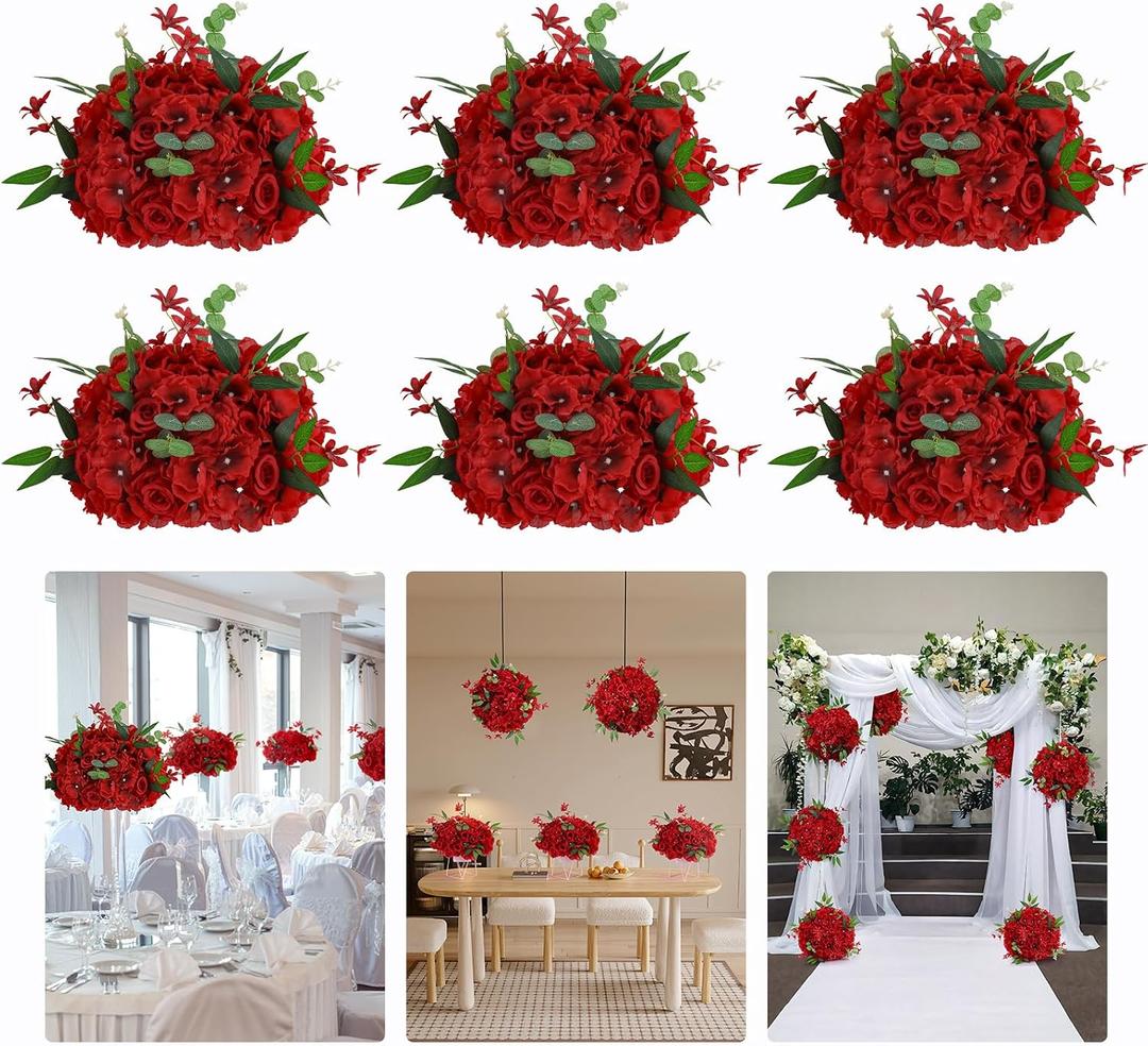 6pcs Wedding centerpieces for Tables 15.8" Red Artificial Flowers Rose Ball Arrangements Silk Flower Balls Floral for Wedding Christmas Party Table Home Decor (6, Red, 15.8'' Diam)