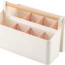 Large Plastic Portable Caddy with Handle, Storage Organizer Bin with Adjustable Dividers for Art Supplies, Crafts, Colored Pencils, Makeup Desk (White+Pink)