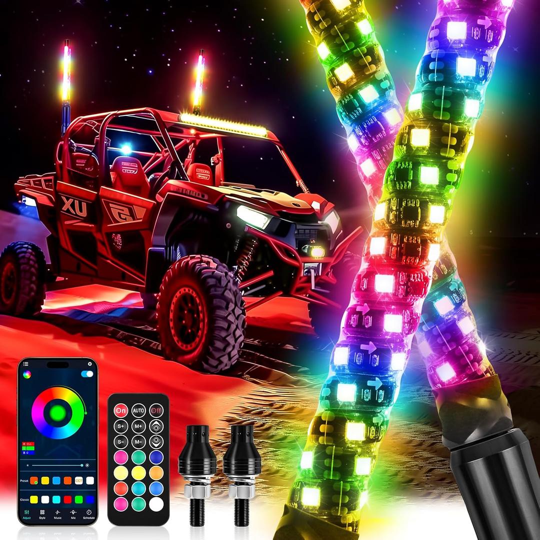 DREAMOTOR Whip Lights, 2Pcs 1FT Spiral RGB LED Whip Lights for Side by Side with Wireless Remote and APP Control, RGB Chasing Lighted Antenna Whips for UTV ATV Truck Polaris Dune Buggy RZR Can-Am