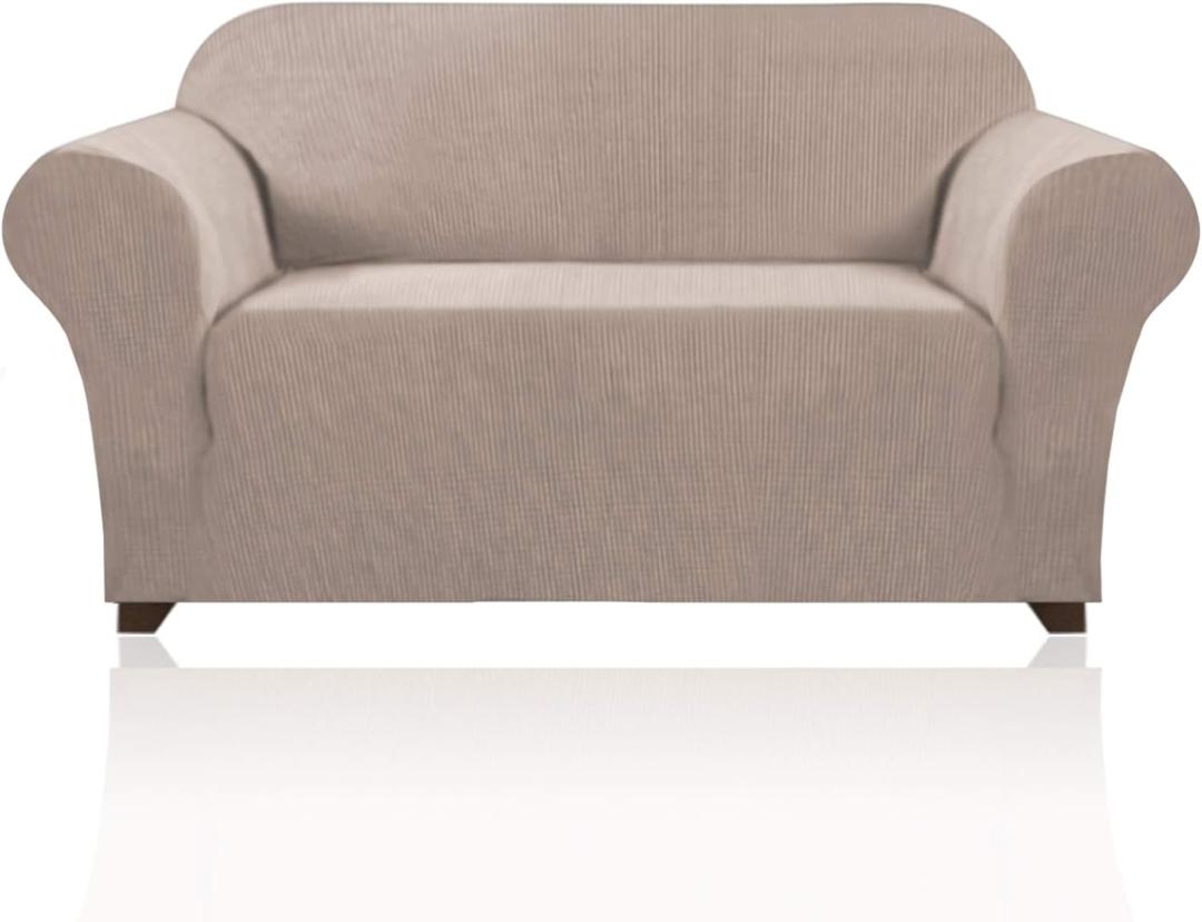 PrinceDeco Stretch Loveseat Sofa Cover Slipcover Couch Cover for 2 Cushion Sofa Washable Sofa Cover for Pets Friendly Furniture Protector Covers with Non Slip Bottom(Loveseat, Sand)