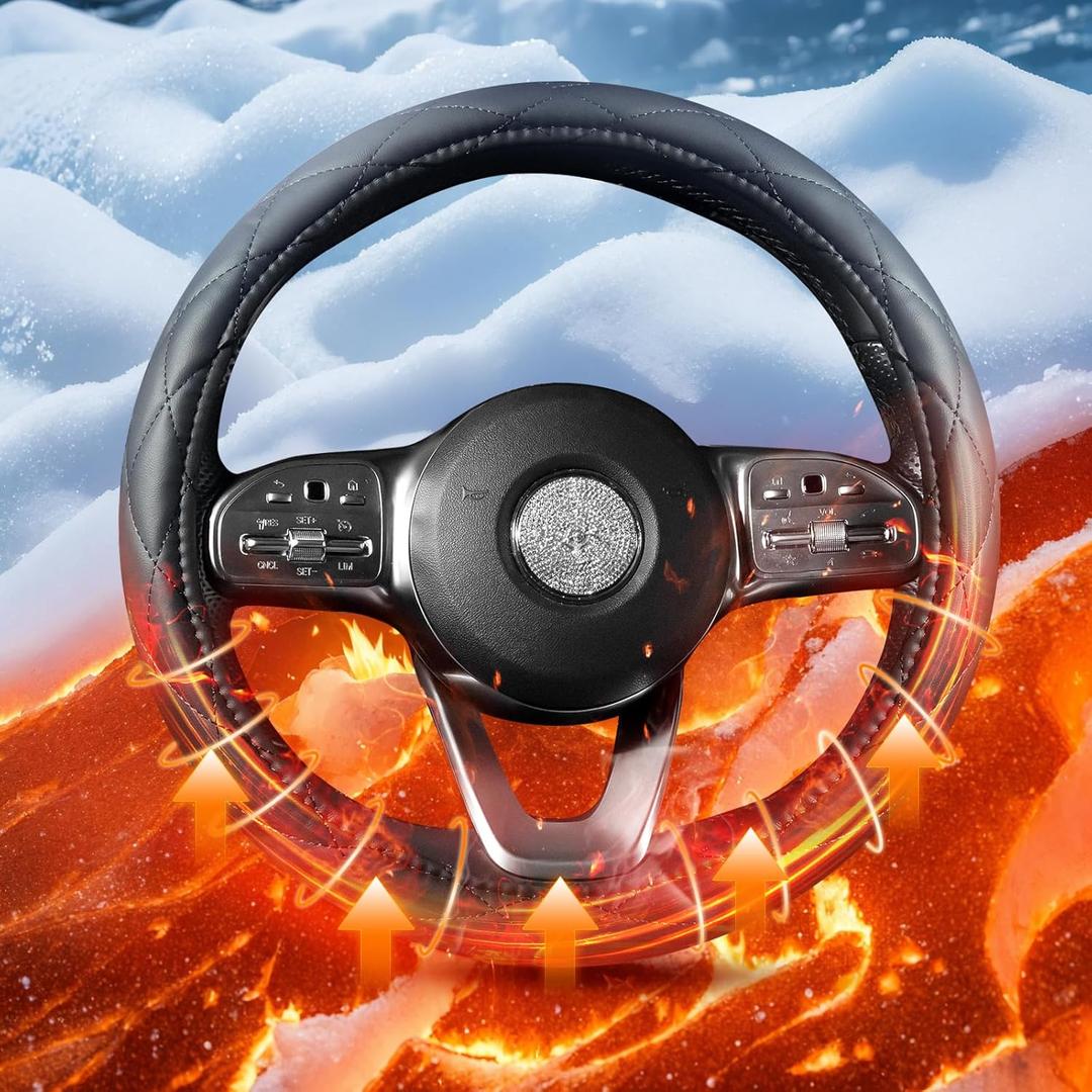 Heated Steering Wheel Cover - WARMITORY Luxury Steering Wheel Heater, 12V Quick Hand Warmer, 14.5-15 inches (Leatheret PU) (Jade Black)