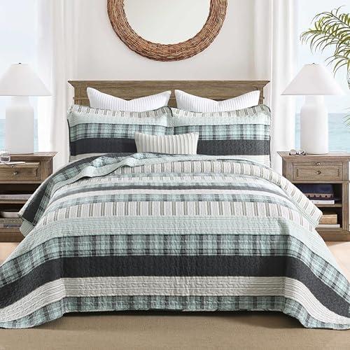 Homzard King Comforter，Cotton King Size Quilt，Teal Black Beige Bedding Set，Plaid Striped Bedspread，Lightweight Reversible Coverlet All Season 3 Pieces