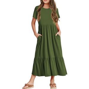 Batermoon Girls Short Sleeve Dress Casual A-Line Flowy Tiered Beach Maxi Dress with Pockcets (Green)