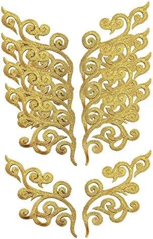 5 Pairs Embroidered Fancy Baroque Applique Swirl Iron on Patches Scroll Badge with Gold Trimming for Wedding Gown Dress Shoe Shirt Borders (Gold)