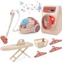 deAO Kids Toy Washing Machine & Vacuum Playset, Mini Washing Machine Laundry Set for Kids,Dollhouse Furniture Laundry Room Washer and Iron Set