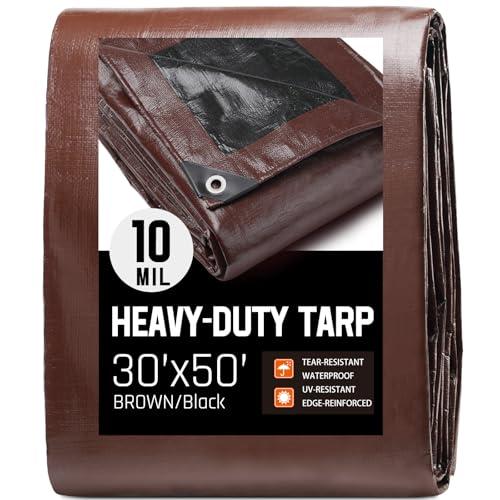 30 x 50 FT Waterproof Heavy Duty Tarp, 10 Mil Thick, Outdoor Furniture Covers, Plastic Insulated Tarpaulin for Camping Tent Roof Boat Patio Pool Cover, Large & Small Multi-Size Tarps, Brown/Black