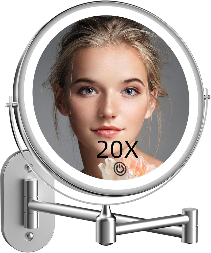 Rechargeable Wall Mounted Lighted Makeup Vanity Mirror 8 inch 1X/20X Magnifying Bathroom Mirror with 3 Color Lights, Double Sided with Dimmable LED Lights, Extended Arm 360 Swivel Extension Mirror