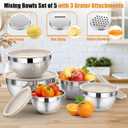 P&P CHEF Mixing Bowl with Lid Set, 5 Piece Stainless Steel Mixing Nesting Bowls for Salad Storage, 3 Grater Attachments & Non-Slip Bottoms, Size 1/1.5/2 / 2.6/4.6 QT, Khaki