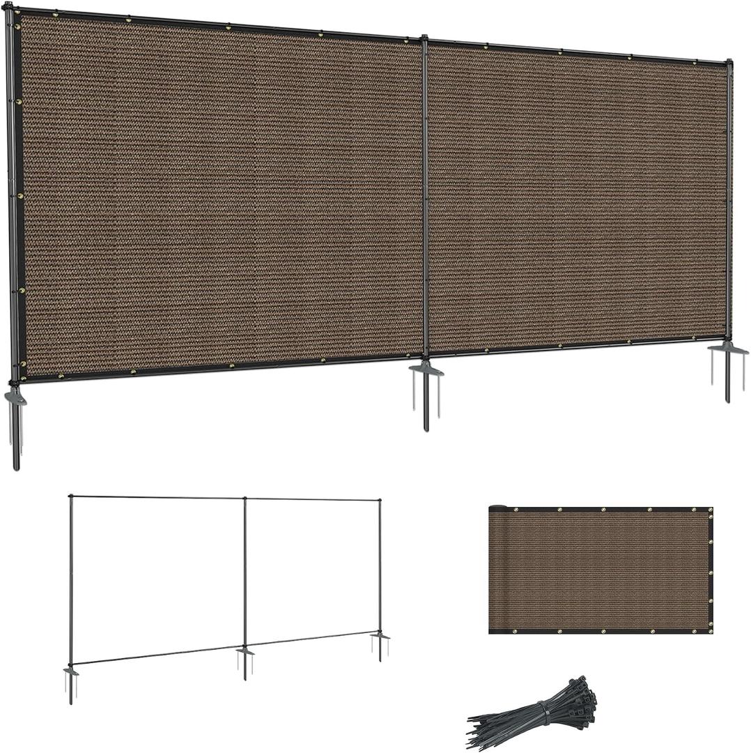 SunnyRoyal 5' x 12' Privacy Fence Screen Panel with Iron Poles Freestanding No Dig Heavy Duty Windscreen Mesh Fabric Temporary Dog Fencing for Outdoor Backyard Patio Garden (Brown)