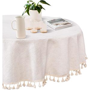 MYSKY HOME Table Cloth 60 in Round Cotton Tablecloth, Heavy Duty Linen Look Waterproof Tablecloths Farmhouse Tablecloth, Soft and Wrinkle Free Table Cover with Beige Tassels for Kitchen Dining, Party