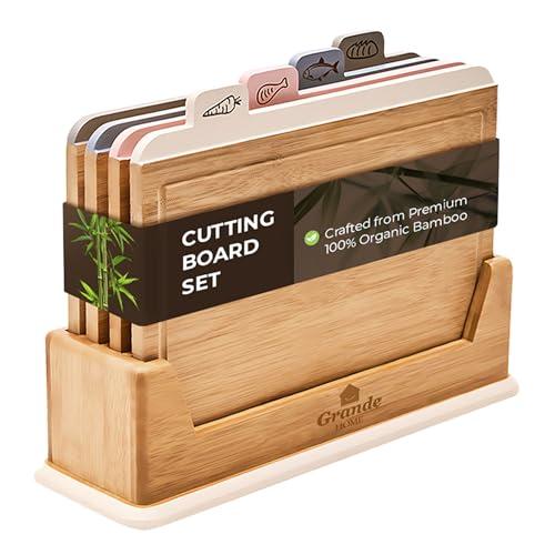 Grande Home Wooden Cutting Boards for Kitchen – 5-Pcs Cutting Board Set with Holder – Natural Bamboo Chopping Board with Juice Groove – Ideal for Vegetables, Meat, Fish, Bread.