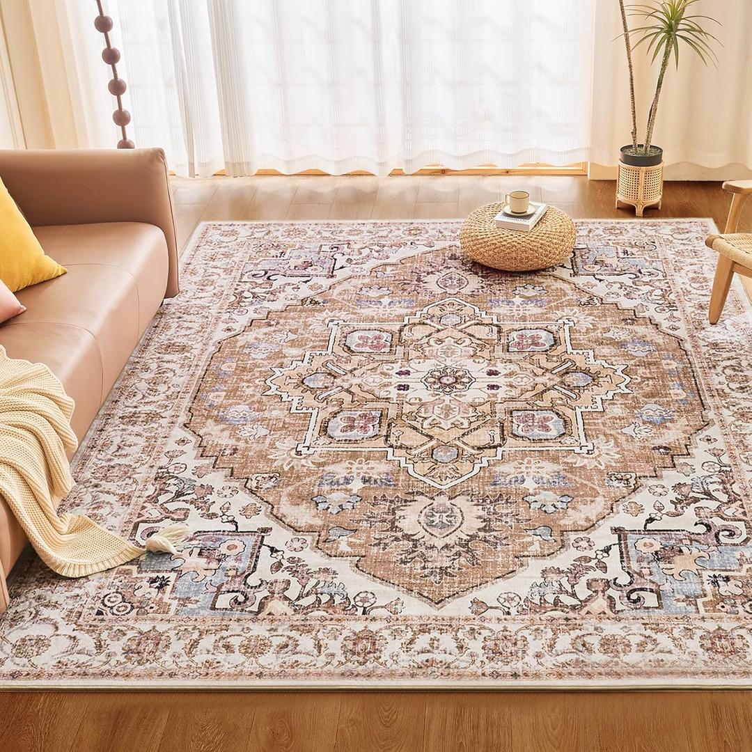 ROCYJULIN 6x9 Area Rug for Living Room and Bedroom - Faux Wool, Low-Pile With Non-Slip TPR Backing - Large Washable Carpet for High Traffic, Coffee Beige & Cream