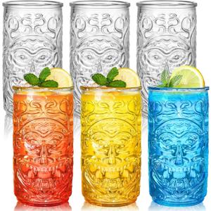 6 Pack Tiki Glasses, 18 OZ Clear Tiki Cocktail Cups, Exotic Tropical Shot Drink Mug, Modern Hawaiian Party Glasses, Mixed Drinking Tumbler for Tiki Bar, Lemonade, Ice Tea