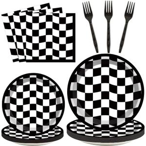 96PCS Race Car Birthday Party Decorations Black and White Checkered Plates Sports Themed Table Supplies Decorations Racing Dessert Plates Napkins Forks for 24 Guests Racing Car Birthday Party Favors