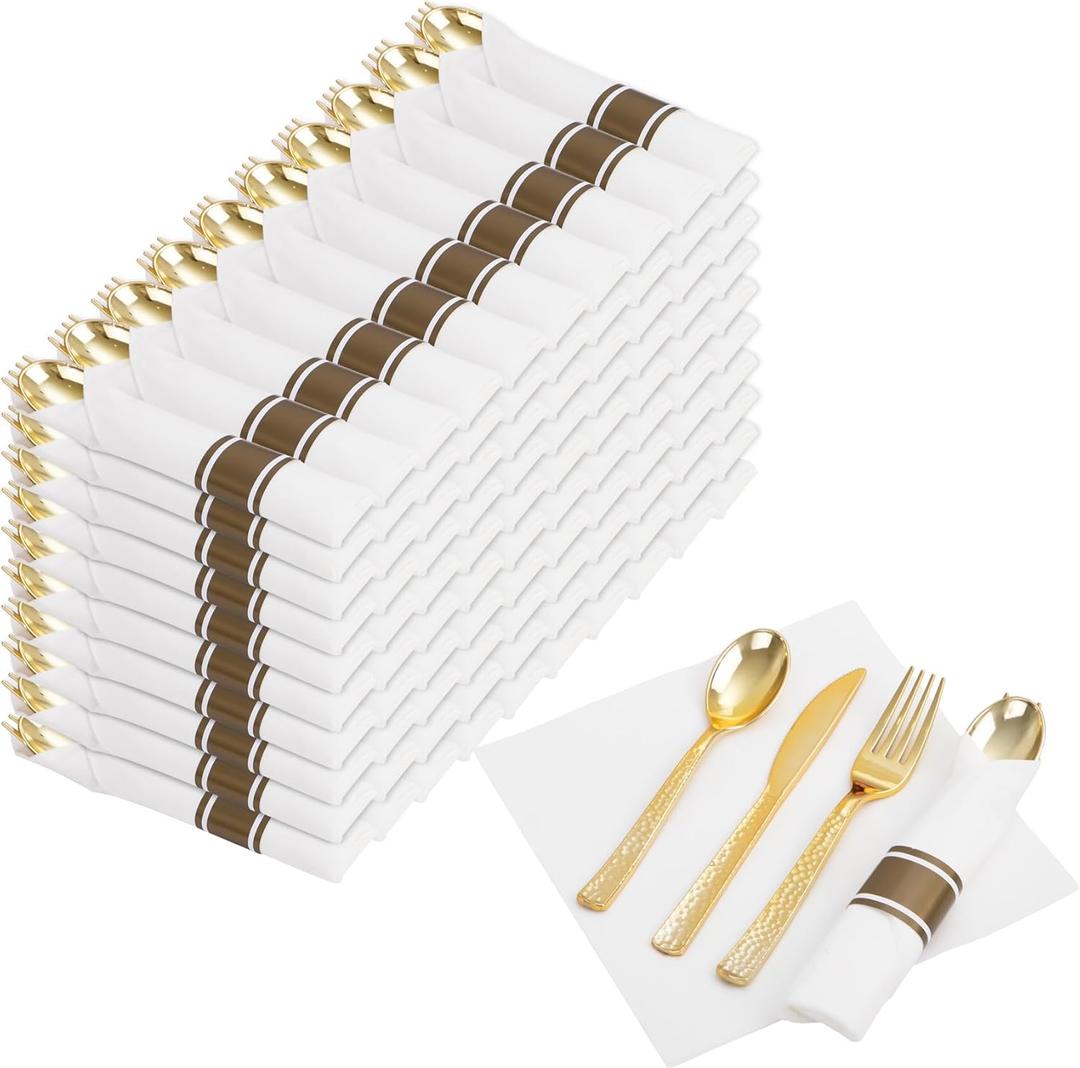 Nervure 400PCS Pre Rolled Gold Plastic Silverware Sets - Heavy Duty Hammered Gold Cutlery Include 100 Pack Wrapped Disposable Utensils with Napkins for Parties, Dinners & Weddings