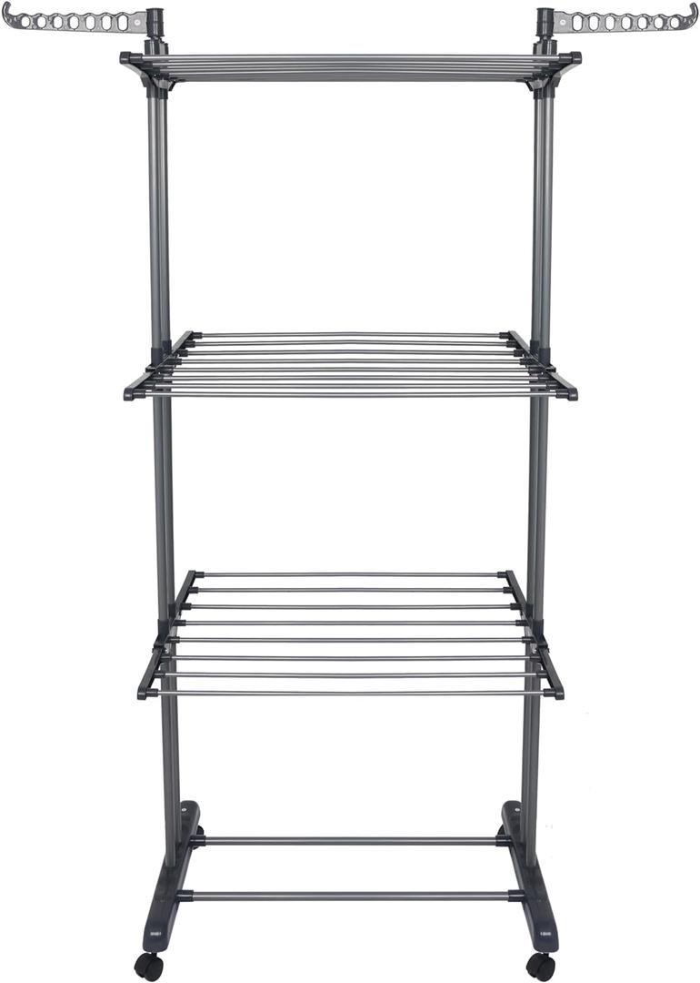 Bigzzia Clothes Drying Rack Folding Drying Rack Clothing 4 Tier Clothes Horses Rack Stainless Steel Laundry Drying Rack with Two Side Wings Grey (Black)
