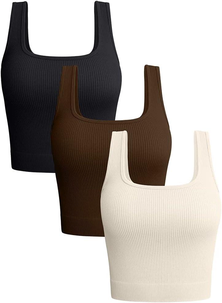 OQQ Women's 3 Piece Tank Tops Ribbed Seamless Workout Exercise Shirts 2025 Summer Basic Camis (S)