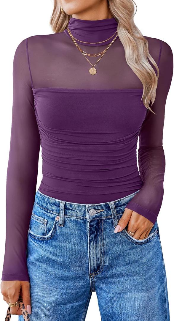 Avidlove Women Long Sleeve Bodysuit Turtle Neck Shapewear Body Suits Mesh One Piece Leotard Shirt Going Out Tops Fall Outfits (X-Large, Dark Purple)