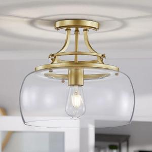 WUZUPS Chandelier Rustic Farmhouse Industrial Round Semi-flushmount Ceiling LED Light Fixture with Clear Glass Shades for Bathroom Kitchen Foyer Entryway, H 11.8" x W 13.4", E26 Base, Gold (Ceiling Light, Gold)