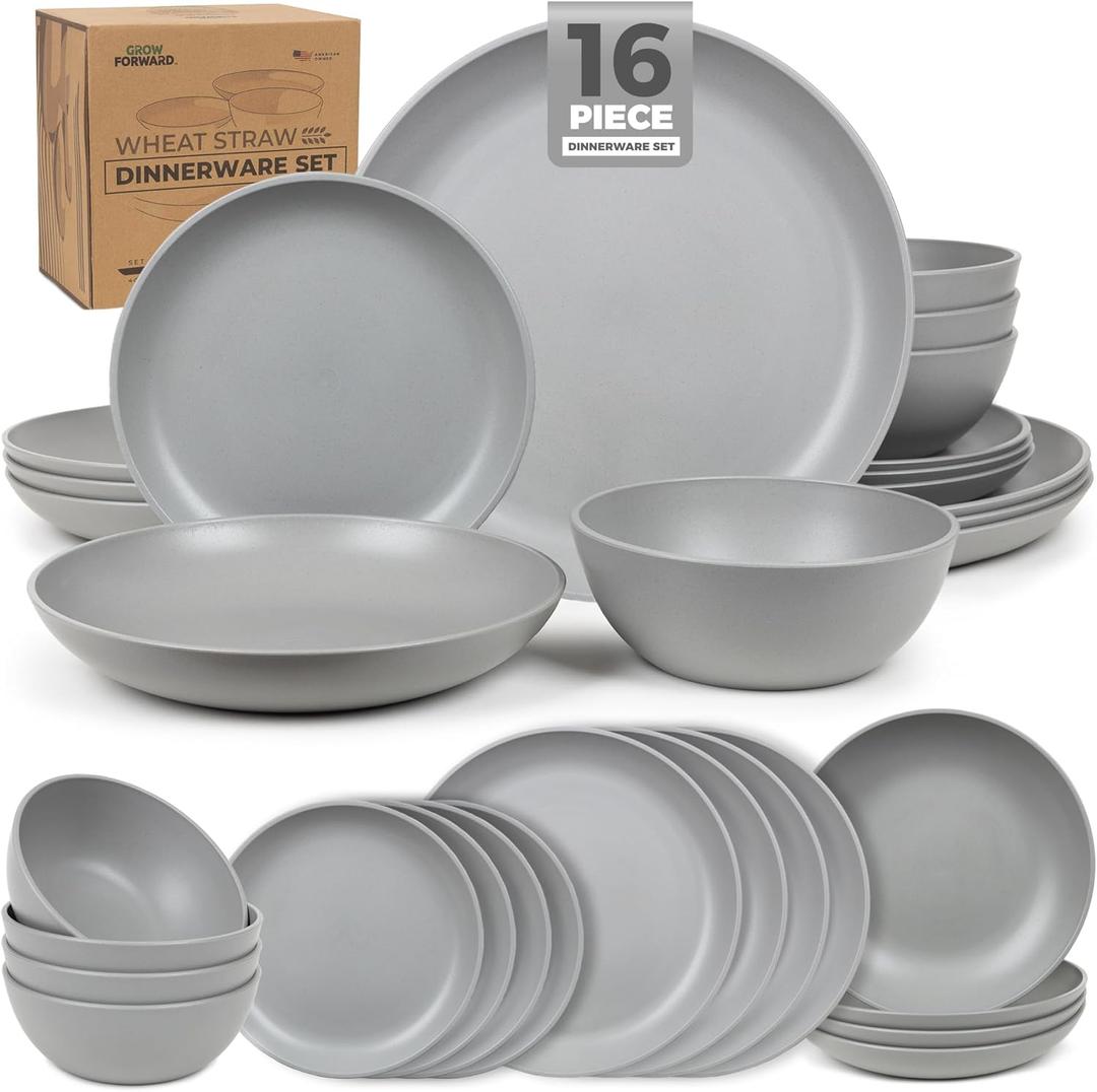 Grow Forward 16-piece Premium Wheat Straw Dinnerware Sets for 4 - Unbreakable Dishwasher & Microwave Safe Plastic Plates and Bowls Sets - Patio, Outdoors, RV, Camping Dishes - Feather