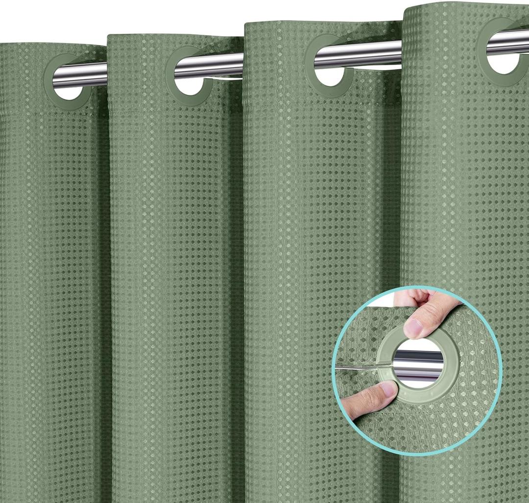 No Hook Shower Curtain, Waffle Weave Thick Fabric Shower Curtain for Bathroom, 258 GSM Luxury Polyester Cloth Bath Curtain with 10 Built in Grommets, 72W x 74H, Sage Green (72"W x 74"L (Pack of 1))