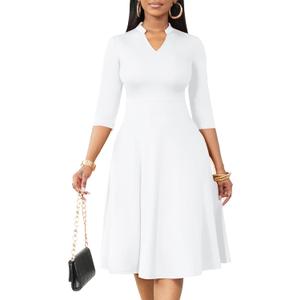 Nmoder Casual Dresses for Women Semi Formal Fit and Flare 3/4 Sleeve A-line Church Work Dress with Pockets White